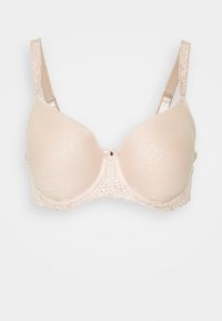 Beige bra with smooth molded cups, floral lace trim at the lower edge, adjustable straps, and a small decorative detail at the center.