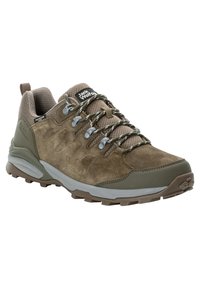 Scarpa da trekking in suede marrone con tomaia testurizzata, suola in gomma e accenti grigi. Presenta anelli metallici per i lacci e una collaretta imbottita.