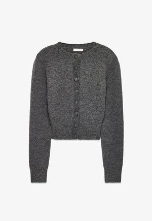 Grijze cropped cardigan van zacht breisel met een ronde hals, lange mouwen en een sluiting aan de voorkant met zes knopen.