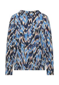Sweat à capuche à manches longues avec motif abstrait animalier en bleu, noir, beige et rose, et cordon ajustable au niveau du cou.