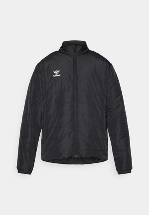 Chaqueta de plumas negra con cuello alto, cierre completo, costuras horizontales y un logotipo impreso en el lado izquierdo del pecho. Hecha de material ligero.