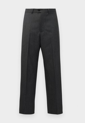 Dark gray formal trousers with front pleats, belt loops, and a button closure at the waist, displayed against a plain white background.