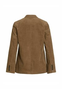 Blazer en velours côtelé marron avec une coupe structurée, doté de longues manches, d'un col cranté et de quatre boutons noirs sur chaque poignet. Surface texturée.
