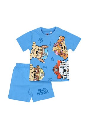 Blue children's set with short sleeves and shorts featuring Paw Patrol characters and "PAW PATROL!" text on the shorts.