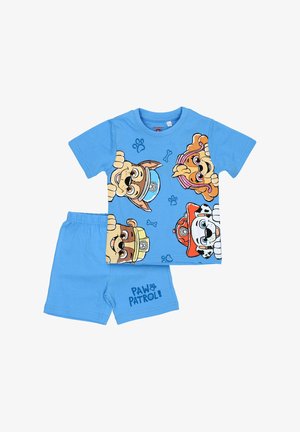 Blauw kinderset met korte mouwen en shorts met Paw Patrol-personages en de tekst "PAW PATROL!" op de shorts.