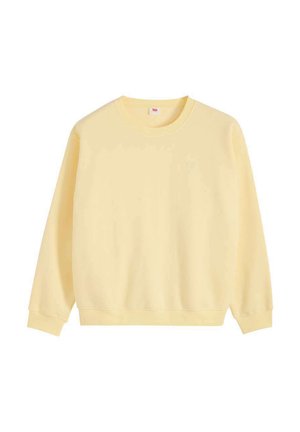Sudadera de cuello redondo de color amarillo claro con mangas largas y puños y dobladillo acanalados, mostrada sobre un fondo blanco liso.