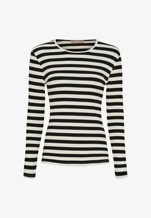 Sort og hvid langærmet top med striber, ribbet tekstur og rund halsudskæring. Slim fit med lige søm og minimalistiske detaljer.