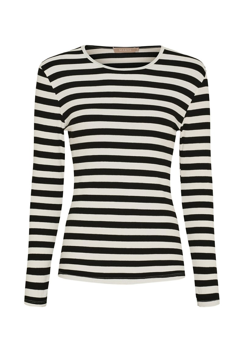 Sort og hvid langærmet top med striber, ribbet tekstur og rund halsudskæring. Slim fit med lige søm og minimalistiske detaljer.