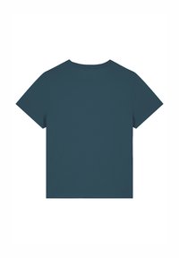 T-Shirt mit kurzen Ärmeln aus dunkelblauem Stoff, Rundhalsausschnitt, glatte Textur, schlichte Rückseite ohne Muster oder Akzente.