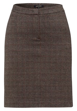 Brązowa i czarna ołówkowa spódnica w kratkę houndstooth z prostym dołem i ukrytym zamkiem z przodu.