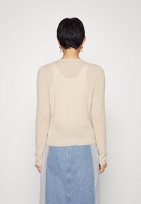 Beiger, taillierter Pullover mit langen Ärmeln und rundem Hals. Weiche Textur mit glatter Oberfläche, die ein einfaches, minimalistisches Design zeigt.