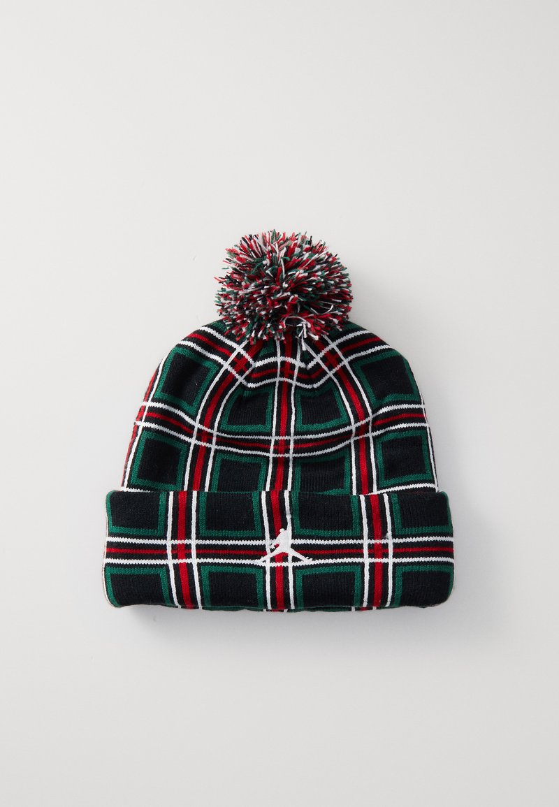 Cappello di lana verde e nero con un motivo a righe rosse e bianche, completato da un pompon multicolore. Logo ricamato sul polsino.