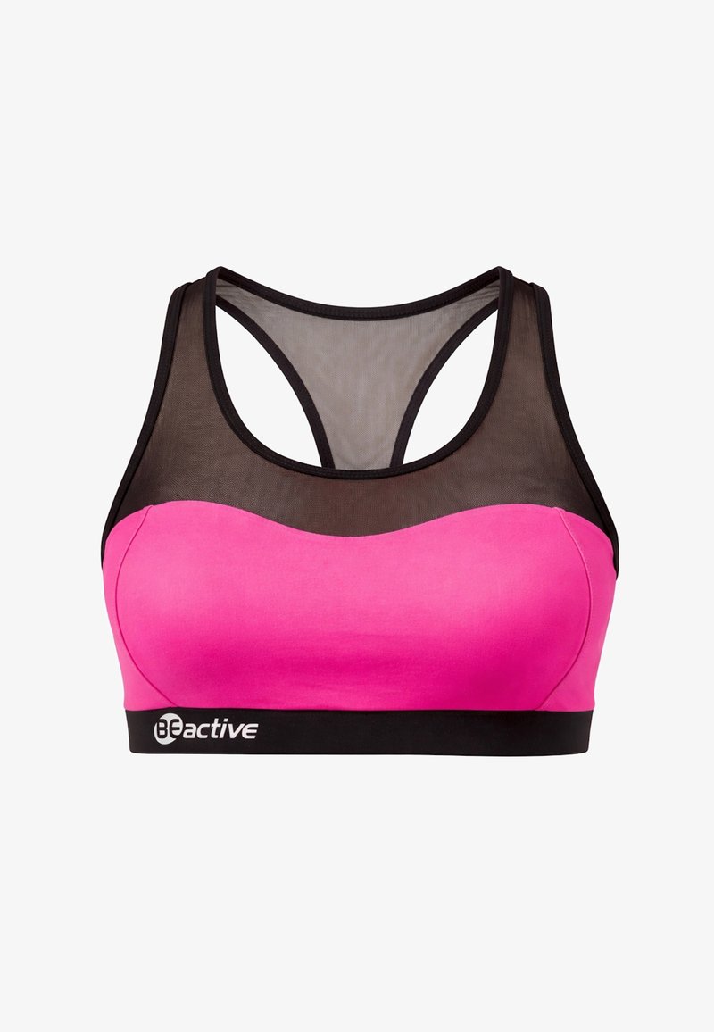 Sport-BH mit pinker Vorderseite, schwarzem Unterband und Mesh-Design am Rücken. Texturiertes Material und Logodetail auf dem Band.