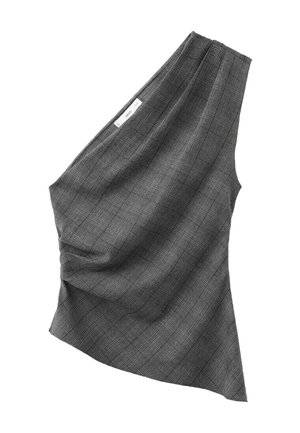 Gray asymmetrical one-shoulder top with subtle plaid pattern and slight gathering on one side, made from soft fabric.