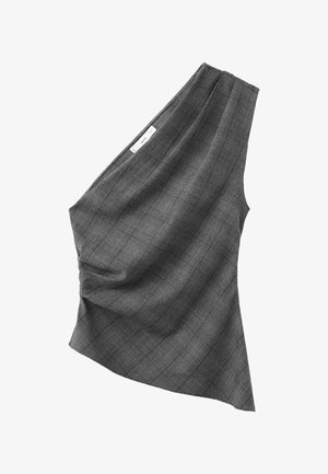 Grijze asymmetrische top met één schouder, subtiel ruitpatroon en lichte plooien aan één zijde, gemaakt van zachte stof.