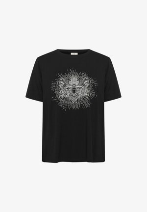 T-shirt en coton noir à manches courtes et col rond, avec un design graphique complexe blanc au centre.