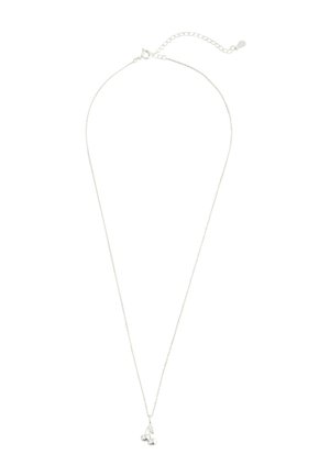 Delicate silver chain necklace with a small cherry-shaped pendant and adjustable clasp on a white background.