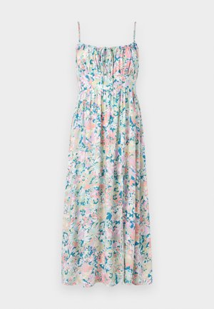 Lillelillelise lillelise kleit reguleeritavate spagettitrassidega. Omab pastelseid värve, on kogutud rinna kohal ja voolab laia siluetiga. Kerge kangas.