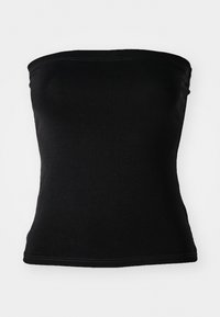 Top nero senza spalline realizzato in cotone morbido, con un design aderente caratterizzato da una texture liscia e cuciture pulite lungo i bordi.