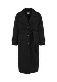Cappotto nero con cintura, maniche lunghe, ampi rever e design monopetto. Realizzato in tessuto morbido con chiusure a bottone e polsini arrotolabili.