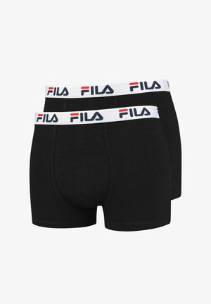 Boxers ajustados de algodón negro con una cinturilla elástica blanca que presenta texto del logo en rojo y azul. Textura suave, forma ajustada y corte de longitud media.