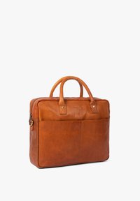 Leather laptop bag in rich tan, featuring two rounded handles, a front pocket, and metal hardware accents. Smooth texture, structured design.