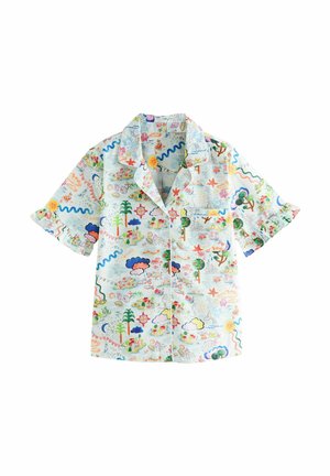 Short-sleeve shirt in light blue cotton featuring a colorful printed pattern of various elements like clouds, plants, and sun motifs.