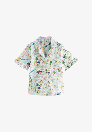 Camisa de manga corta en algodón azul claro con un patrón impreso colorido que incluye varios elementos como nubes, plantas y motivos del sol.