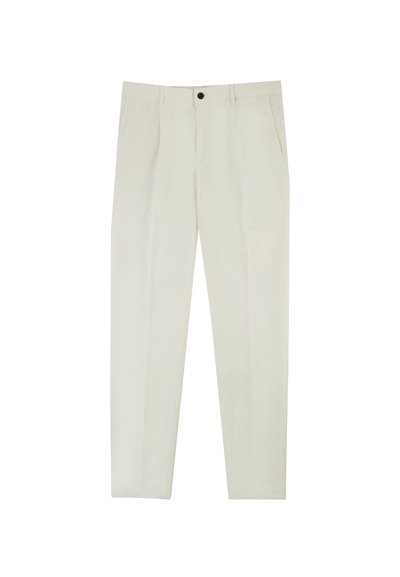 Pantalons beige clair avec une coupe droite, dotés de poches latérales et d'une fermeture à bouton unique. Texture lisse et design minimaliste.