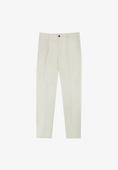 Lichtbeige broeken met een rechte pasvorm, voorzien van zijzakken en een enkele knoopsluiting. Gladde textuur en minimalistisch ontwerp.
