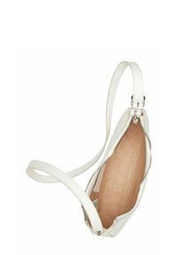 Weiße Leder-Crossbody-Tasche mit Reißverschluss, glattem Äußeren und weichem beigen Wildlederinneren. Mit verstellbarem Tragegurt.