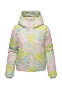 Padded hooded jacket with a colorful abstract pattern in pink, green, yellow, and beige. Features a zip front and elastic cuffs.