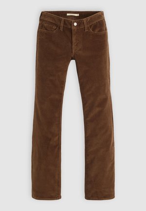 Pantaloni din catifea de culoare maro, cu picior drept, având un design cu cinci buzunare, cusături vizibile și un sistem de închidere cu nasture metalic la talie.