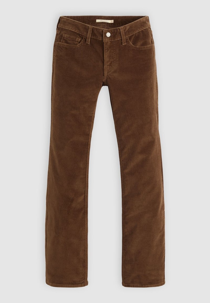 Pantalons en velours côtelé marron avec une jambe droite, présentant un design à cinq poches, des coutures visibles et une fermeture à bouton métallique à la taille.
