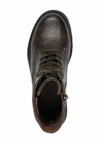 Brown leather ankle boot with round toe, lace-up front, and zip closure. Features a smooth texture and contrasting brown accents on the cuff.