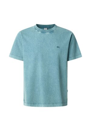 Light blue crew-neck t-shirt made of soft fabric with a slightly textured finish. Features short sleeves and a small embroidered logo.