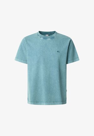 Svetlo modra majica s kratkimi rokavi okroglega izreza, izdelana iz mehkega materiala z rahlo teksturirano površino. Ponuja kratke rokave in majhen vezen logotip.