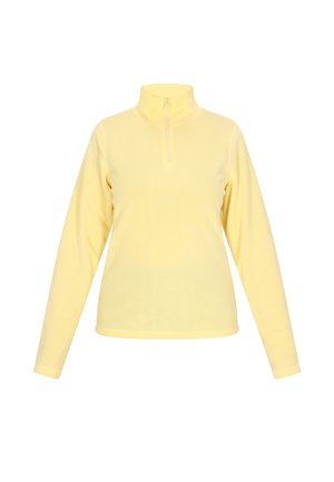 Geel fleece sweatshirt met een hoge kraag, lange mouwen en een korte rits. Zachte textuur met een gladde afwerking. Geen zichtbare patronen of logo's.