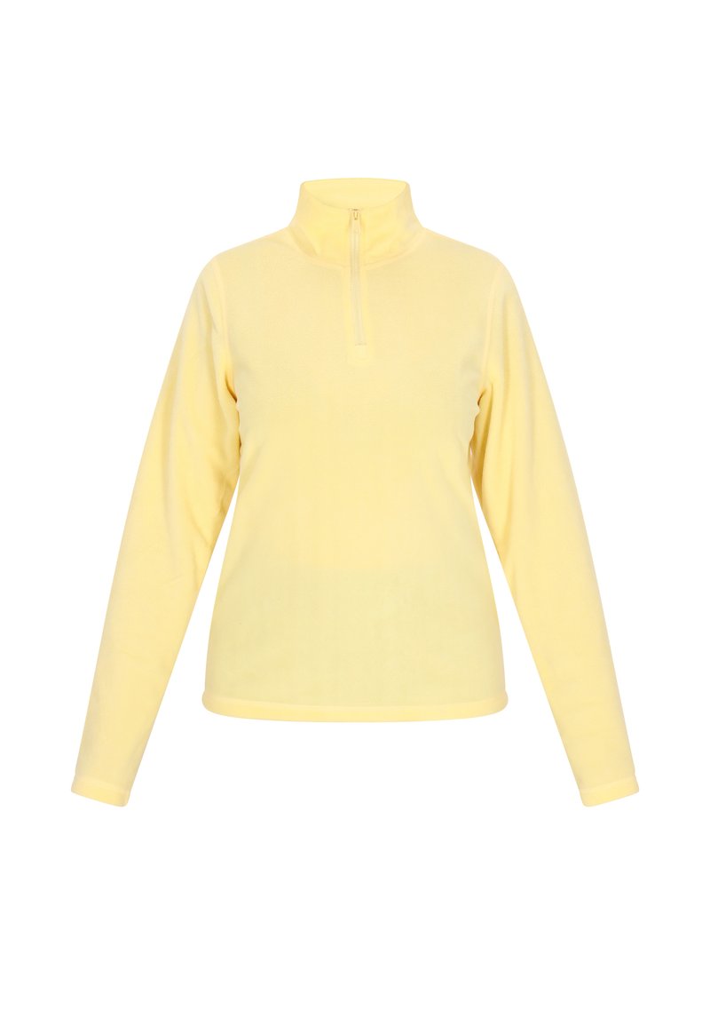 Geel fleece sweatshirt met een hoge kraag, lange mouwen en een korte rits. Zachte textuur met een gladde afwerking. Geen zichtbare patronen of logo's.