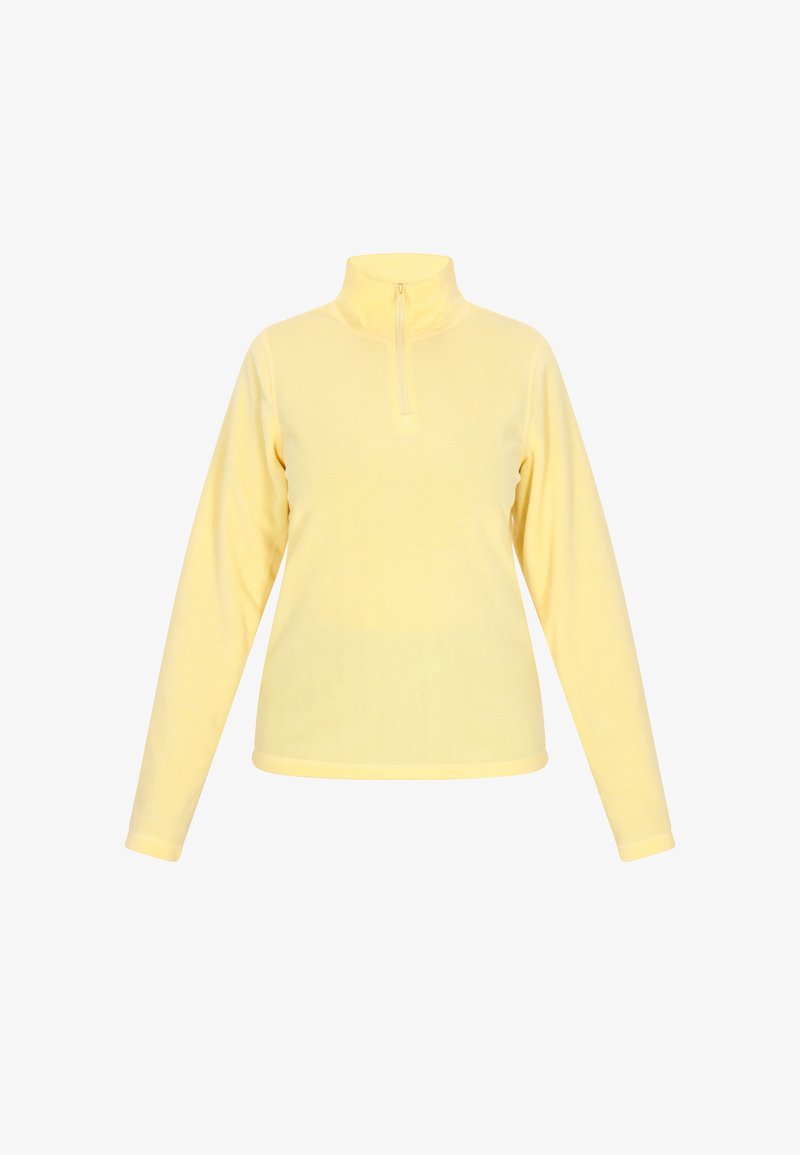 Keltainen fleece-pusero, jossa on korkea kaulus, pitkät hihat ja lyhyt vetoketju. Pehmeä rakenne ja sileä pinta. Ei näkyviä kuvioita tai logoja.