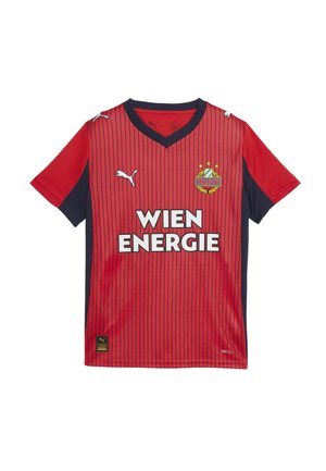 Czerwona i czarna koszulka piłkarska w paski z logo Puma, herbem klubu Rapid Wien oraz napisem sponsora Wien Energie z przodu.