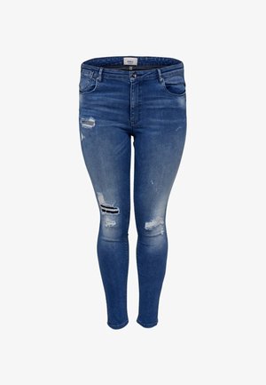 Blauwe skinny jeans met versleten scheuren op dijen en knieën, voorzien van voorzakken en riemlussen.