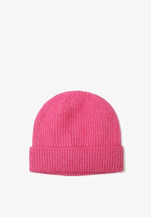 Pink knit beanie with a ribbed texture and cuffed design. Made from warm material, featuring a solid color without patterns or accents.