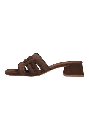 Brown suede open-toe mule sandal with block heel and cutout strap design, shown in side profile.
