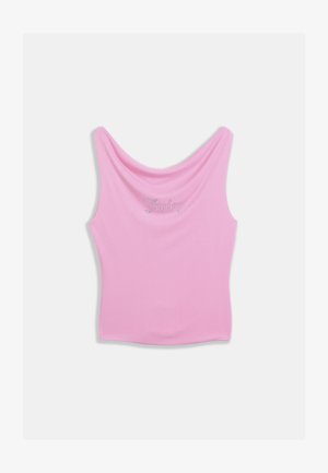 Rózsaszín ujjatlan top enyhén kivágott nyakkivágással és testhezálló szabással, a mellrészen "Juicy" felirattal, kristálydíszekből. Lágy anyagú textúra.