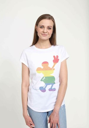 Weißes T-Shirt mit kurzen Ärmeln, das ein farbenfrohes, verlaufendes Mickey-Mouse-Motiv mit Friedenszeichen zeigt. Der Stoff wirkt weich, im normalen Schnitt.