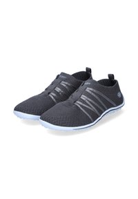 Lightweight black mesh shoes with grey elastic bands, a streamlined shape, and white rubber soles featuring small traction studs.
