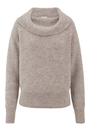 Beiger gestrickter Pullover mit breitem, umgeschlagenem Kragen, langen Ärmeln und gerippten Bündchen und Saum.