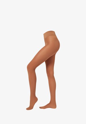 Pantimedias color beis con acabado mate, que cuentan con una textura suave y una cintura sin costuras, diseñadas para ajustarse de manera ceñida a la pierna.