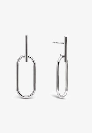 Silberne Hoop-Ohrringe mit länglichen ovalen Formen, die glatte Oberflächen und eine minimalistische vertikale Stange als Akzent aufweisen. Mit Standard-Pin-Back.